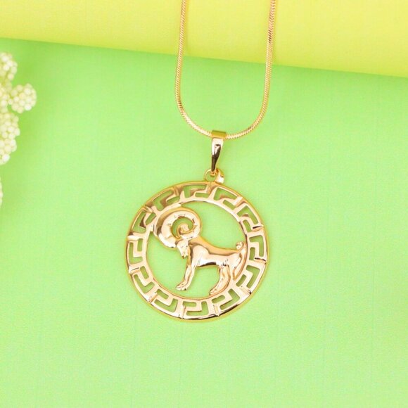 "Zodiac Ram Rose Gold Round Pendant in Geometric Border Design, XPPT1328 - Picture 8 of 13